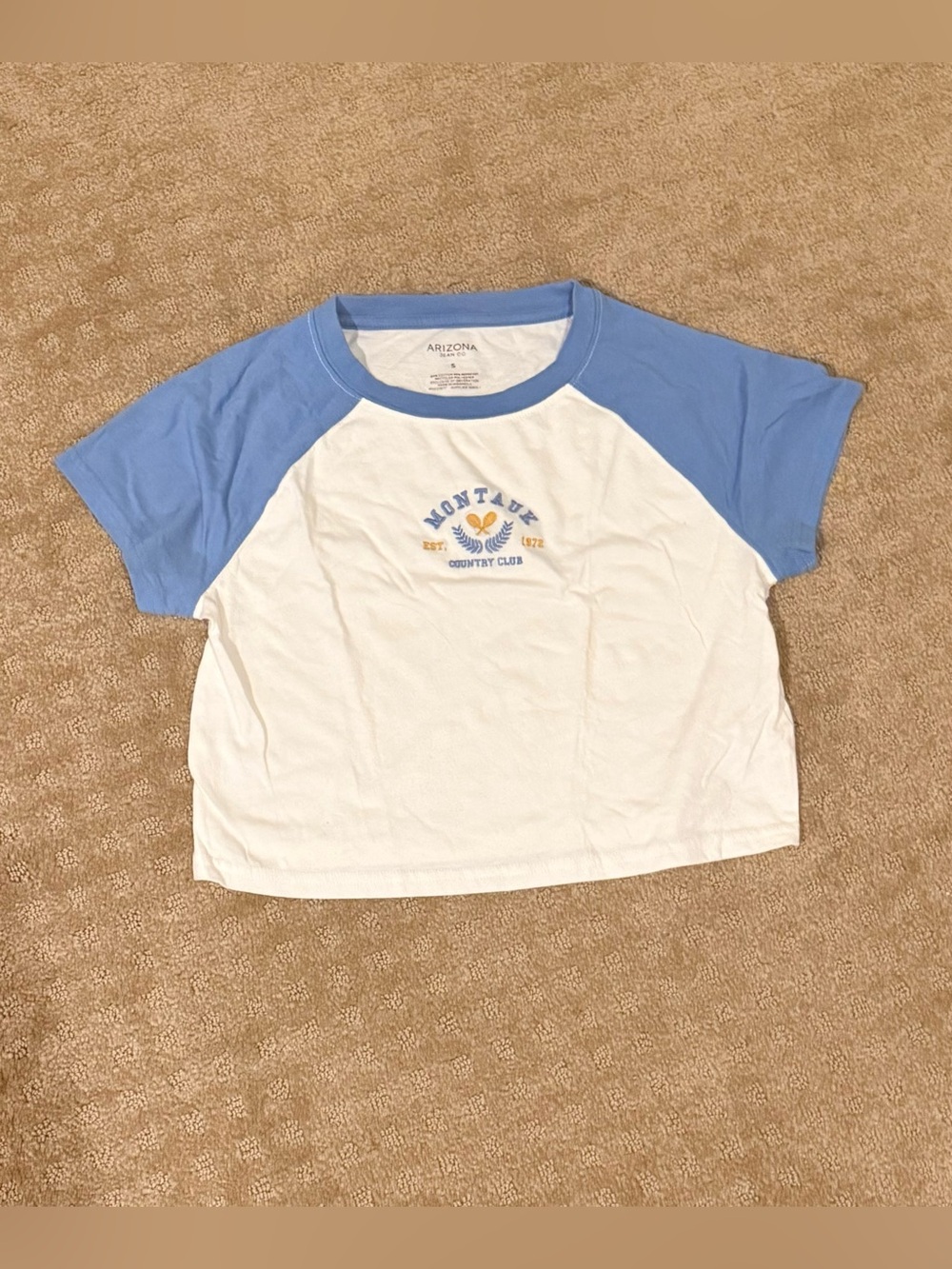 Arizona Jean Company White Tee with Light Blue Sleeves and Montauk Embroidery